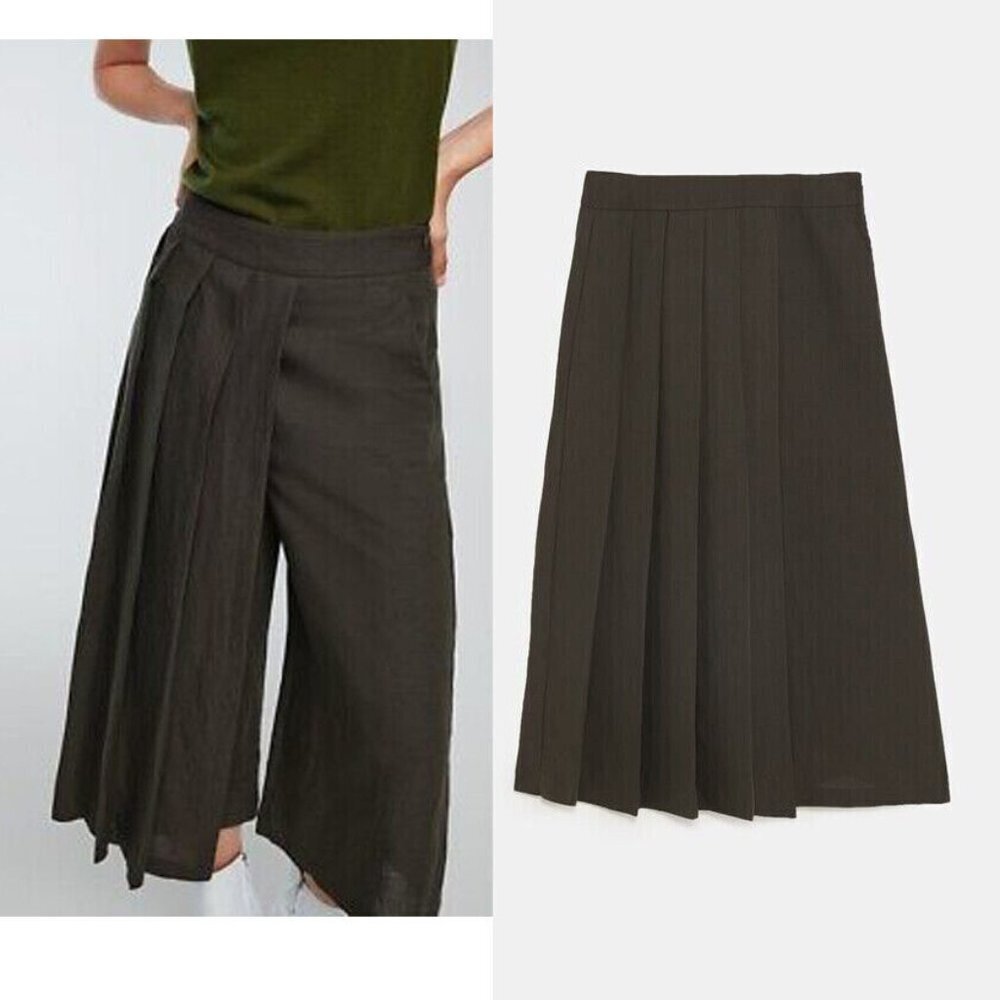 NEW Zara Linen Viscose High Waist Wide Leg Pleated Crop Pants Culottes Trousers